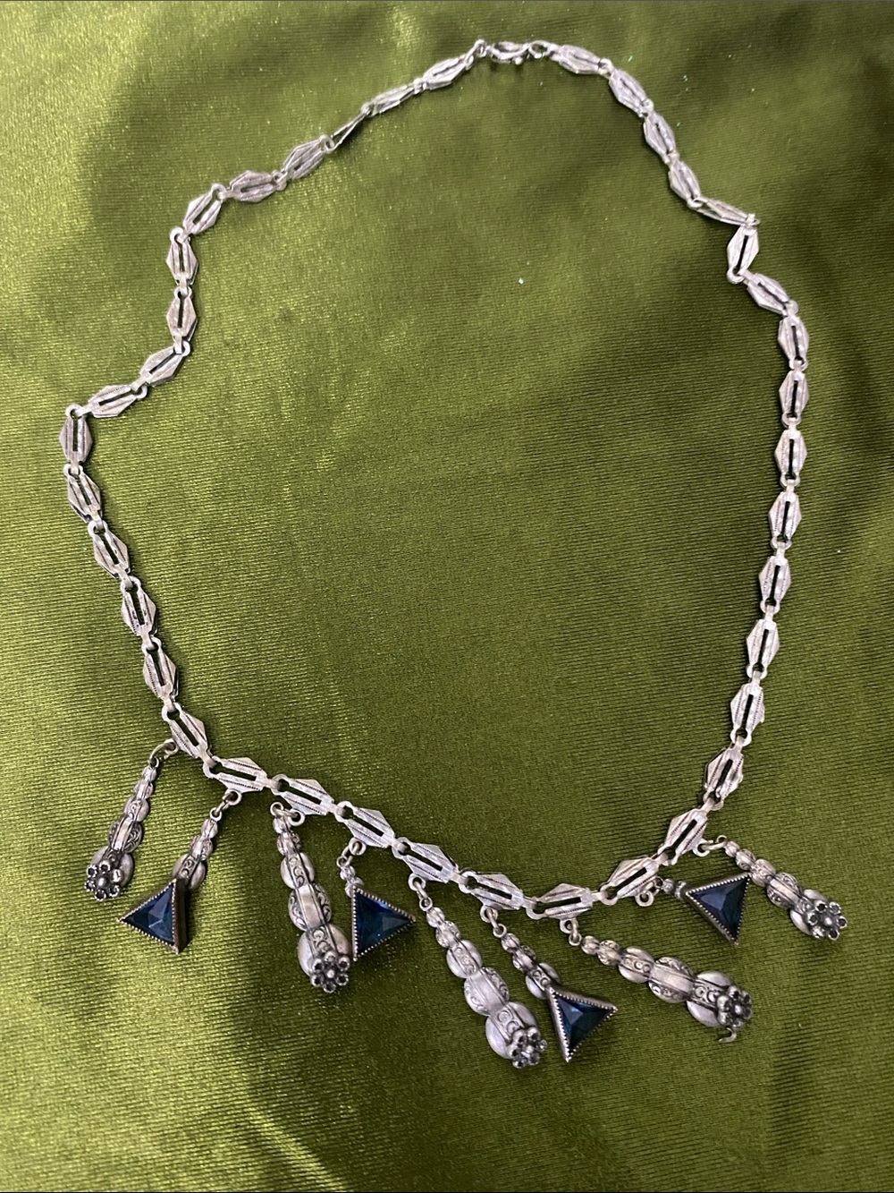 Sterling Silver Necklace with Blue Triangle and Floral Charms